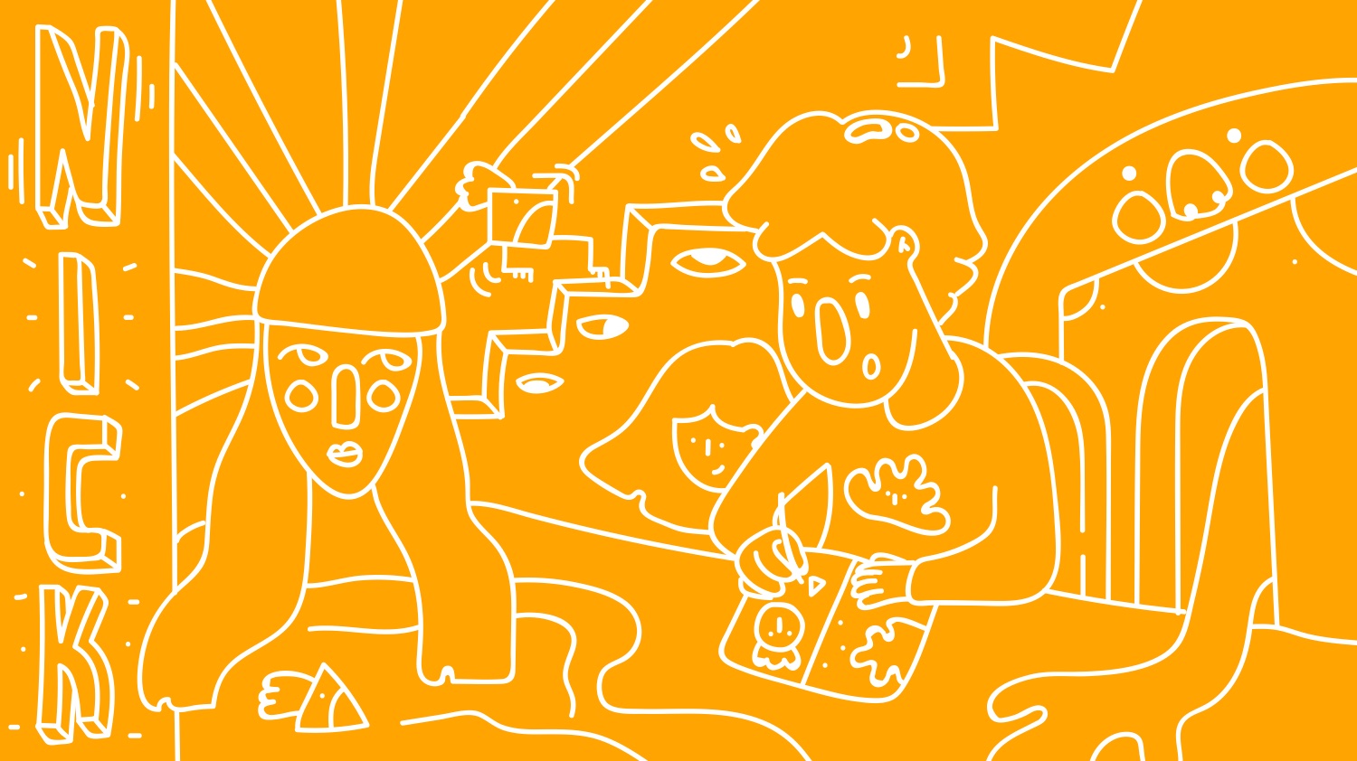 Illustrazione NICK: il disegno al tavolo, linee bianche sull'arancio
