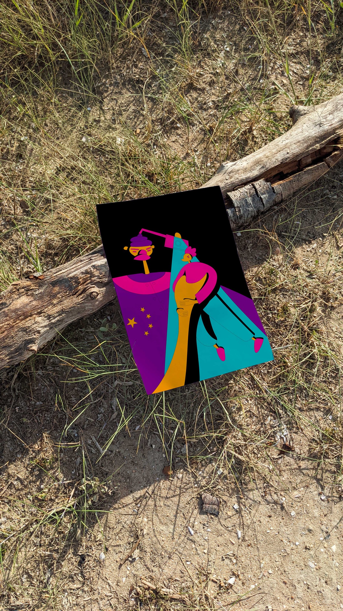 Poster illustrato su fondo nero appoggiato sull'erba: un personaggio grande fotografa uno piccolo (mockup)