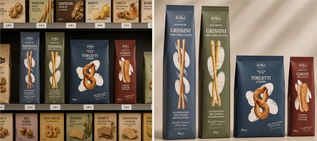 De Mori, Segni artigianali: rendering della proposta di packaging sullo scaffale